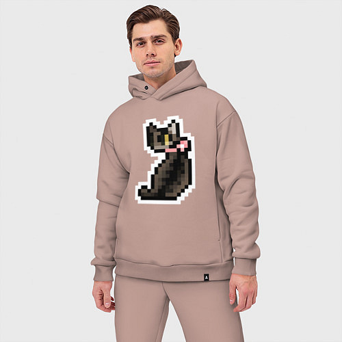 Мужской костюм оверсайз Милая пиксельная кошка с розовым ошейником / Пыльно-розовый – фото 3