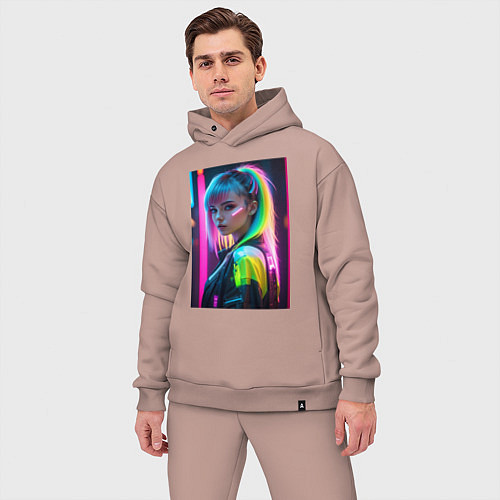 Мужской костюм оверсайз Киберпанк девушка с зеленым хвостом / Пыльно-розовый – фото 3