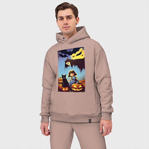 Мужской костюм оверсайз Ведьма зависла над девочкой и котом / Пыльно-розовый – фото 3