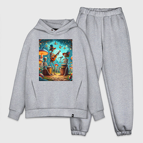 Мужской костюм оверсайз Трио скелетов музицируют на грибной поляне / Меланж – фото 1