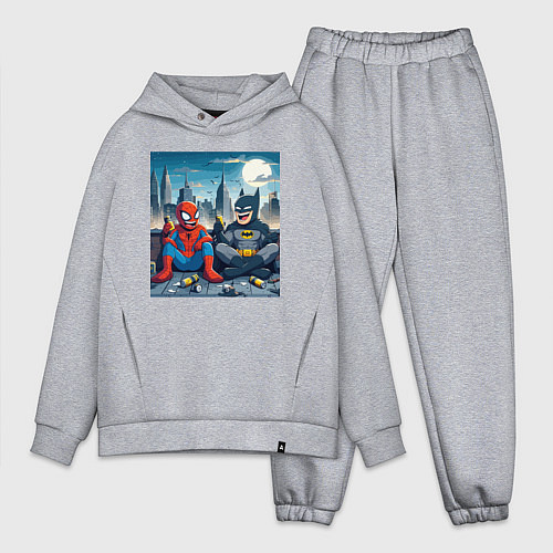 Мужской костюм оверсайз Человек паук и Бэтмен пьют пиво на крыше небоскрёб / Меланж – фото 1