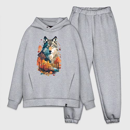 Мужской костюм оверсайз Волк и осенний лес / Меланж – фото 1