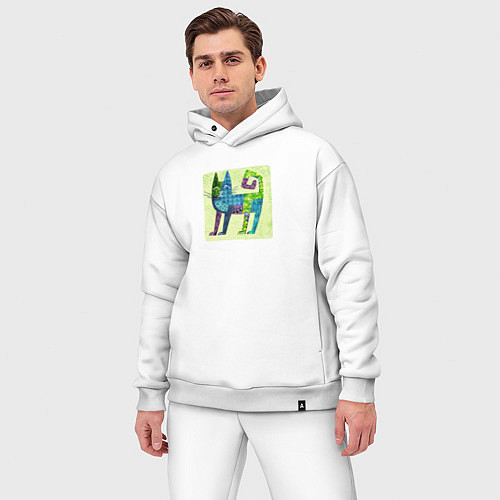 Мужской костюм оверсайз Декоративный кот в орнаментах на желтом / Белый – фото 3