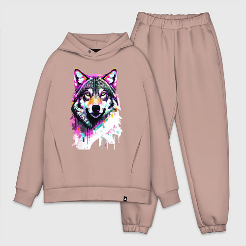 Мужской костюм оверсайз Волчья морда - нейроарт / Пыльно-розовый – фото 1