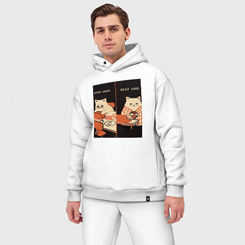 Мужской костюм оверсайз Work hard rest hard cat / Белый – фото 3
