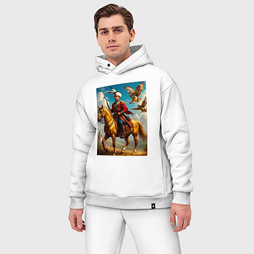 Мужской костюм оверсайз Казак на коне с совами / Белый – фото 3