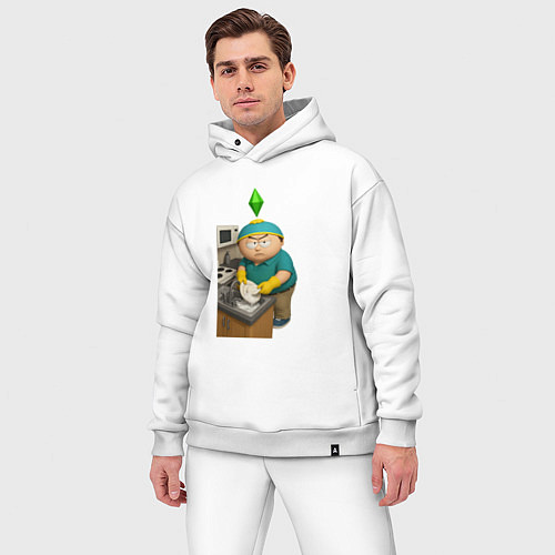 Мужской костюм оверсайз Эрик картман моет посуду в Sims / Белый – фото 3