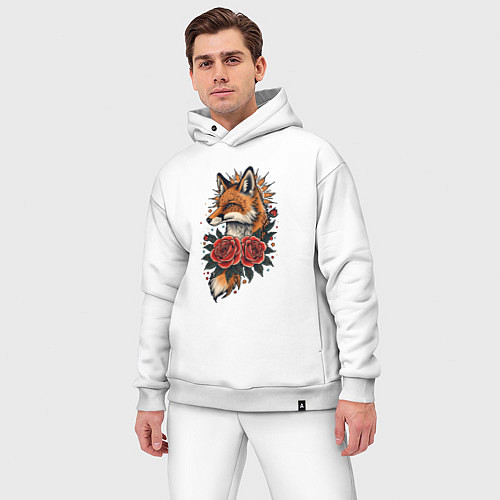 Мужской костюм оверсайз Татуировка лисы с розами / Белый – фото 3