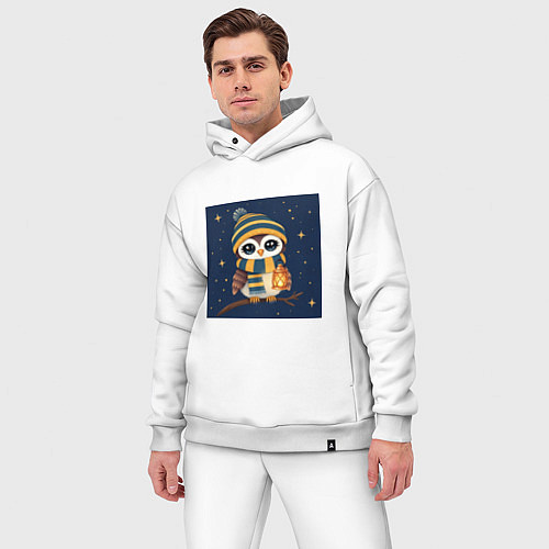 Мужской костюм оверсайз Сова в шапке и шарфе с фонарём / Белый – фото 3