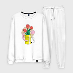 Костюм хлопковый мужской Абстракция тюльпаны в банке, цвет: белый