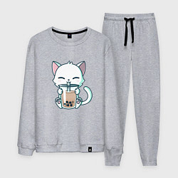 Костюм хлопковый мужской Котик с бабл ти, цвет: меланж