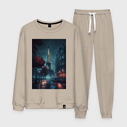 Костюм хлопковый мужской Нейросеть - Ночной Париж, цвет: миндальный