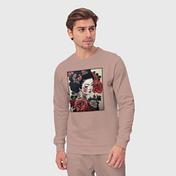 Костюм хлопковый мужской Irezumi - гейша в розах, цвет: пыльно-розовый — фото 2