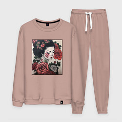 Костюм хлопковый мужской Irezumi - гейша в розах, цвет: пыльно-розовый