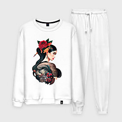 Костюм хлопковый мужской Irezumi tattoo стиль девушка лотос, цвет: белый