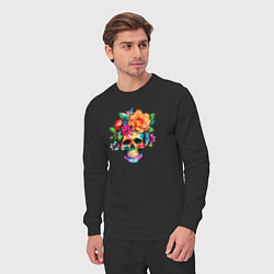 Костюм хлопковый мужской Череп с цветами в мексиканском стиле, цвет: черный — фото 2