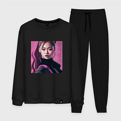 Костюм хлопковый мужской Blackpink Jennie рисунок портрет, цвет: черный