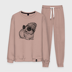Костюм хлопковый мужской Морская свинка в очках и шапке, цвет: пыльно-розовый