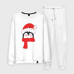 Костюм хлопковый мужской Новогодний пингвин в шапке Деда Мороза, цвет: белый
