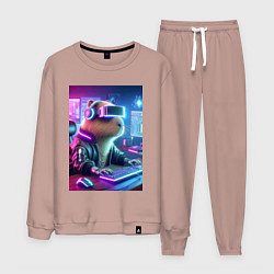Костюм хлопковый мужской Капибара игроман - неоновое свечение, цвет: пыльно-розовый