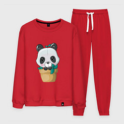 Костюм хлопковый мужской Милая панда в цветочном горшке, цвет: красный