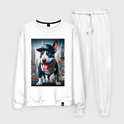 Костюм хлопковый мужской Funny bull terrier in New York - ai art, цвет: белый