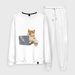 Мужской костюм Собака Сиба ину печатает на ноутбуке с кофе