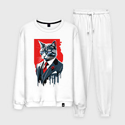 Костюм хлопковый мужской Кот джентльмен с голубыми глазами - мем, цвет: белый