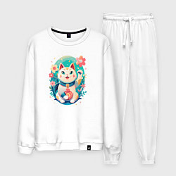 Мужской костюм Манеки Неко, белая кошка удачи с сакурой