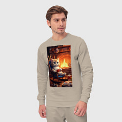 Костюм хлопковый мужской Уютный кот у камина с чашкой какао, цвет: миндальный — фото 2