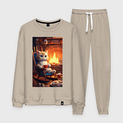 Мужской костюм Уютный кот у камина с чашкой какао