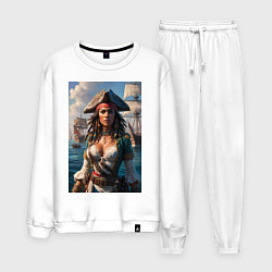 Костюм хлопковый мужской Пиратка на фона флотилии кораблей, цвет: белый