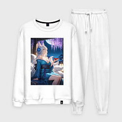 Костюм хлопковый мужской Лисица в кимоно любуется цветением глицинии, цвет: белый