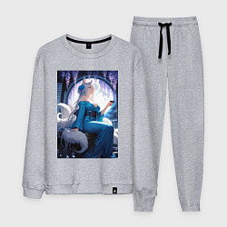 Костюм хлопковый мужской Лисица в кимоно любуется цветением глицинии, цвет: меланж