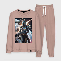Костюм хлопковый мужской Девушка-мандалорец летит в космосе, цвет: пыльно-розовый