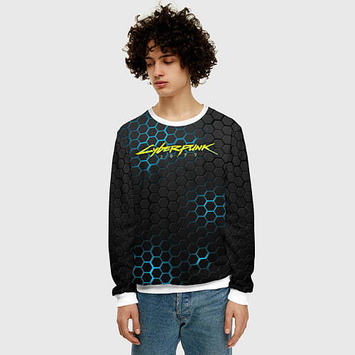 Мужской свитшот Cyberpunk 2077: Blue Carbon / 3D-Белый – фото 3