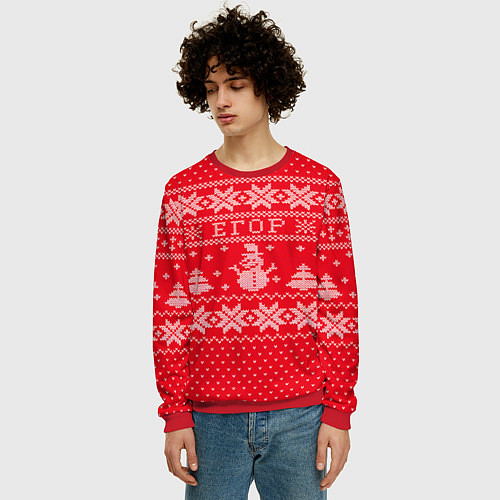Мужской свитшот Новогодний Егор ugly sweater со снеговиками / 3D-Красный – фото 3