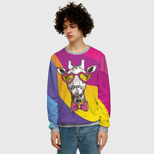 Мужской свитшот Праздничный жираф в очка-сердечках / 3D-Меланж – фото 3