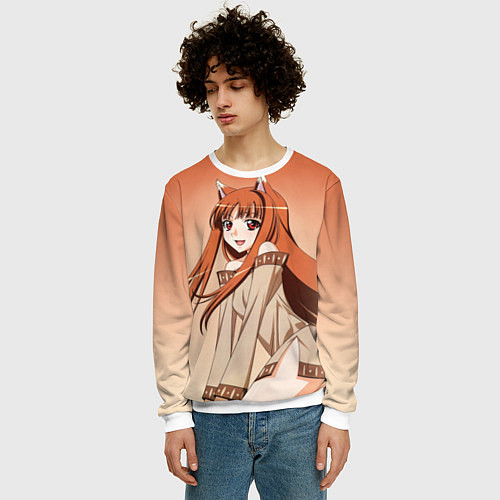 Мужской свитшот Милая аниме девочка-оборотень - Волчица и пряности / 3D-Белый – фото 3