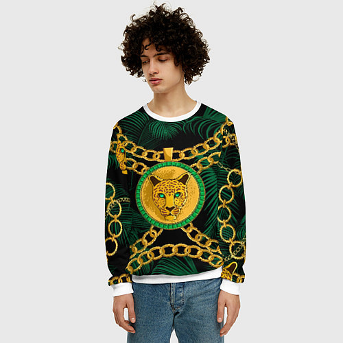 Мужской свитшот Золотой леопард и цепь / 3D-Белый – фото 3