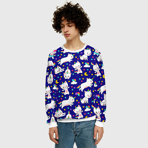 Мужской свитшот Кот-Единорог / 3D-Белый – фото 3