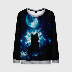 Свитшот мужской Кот силуэт луна ночь звезды, цвет: 3D-меланж