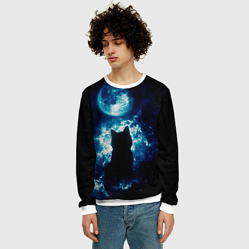 Мужской свитшот Кот силуэт луна ночь звезды / 3D-Белый – фото 3