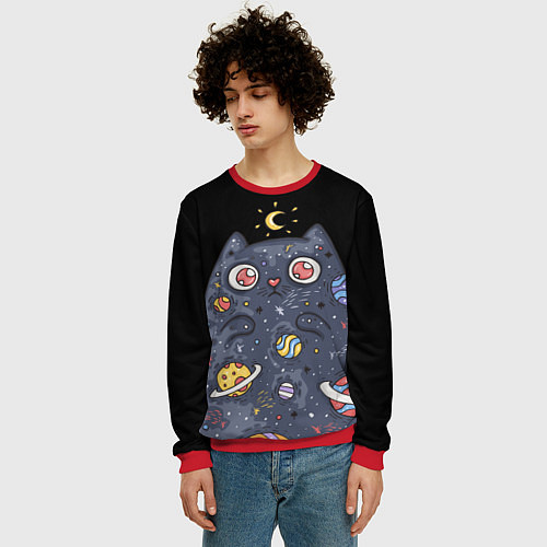 Мужской свитшот КОСМИЧЕСКИЙ КОТ / 3D-Красный – фото 3