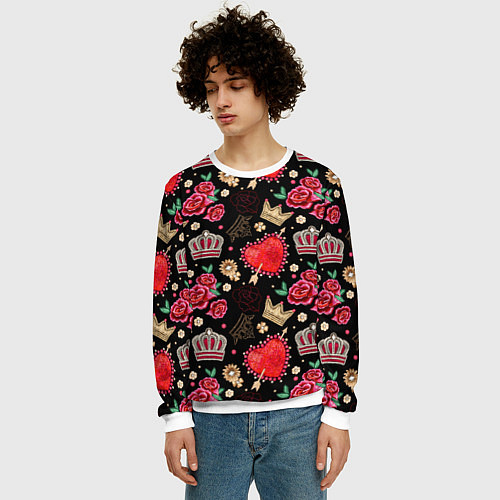 Мужской свитшот Корона и розы / 3D-Белый – фото 3