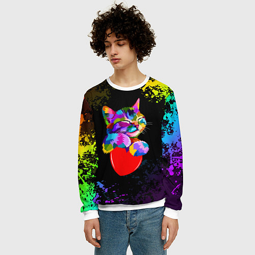 Мужской свитшот РАДУЖНЫЙ КОТИК RAINBOW KITTY / 3D-Белый – фото 3