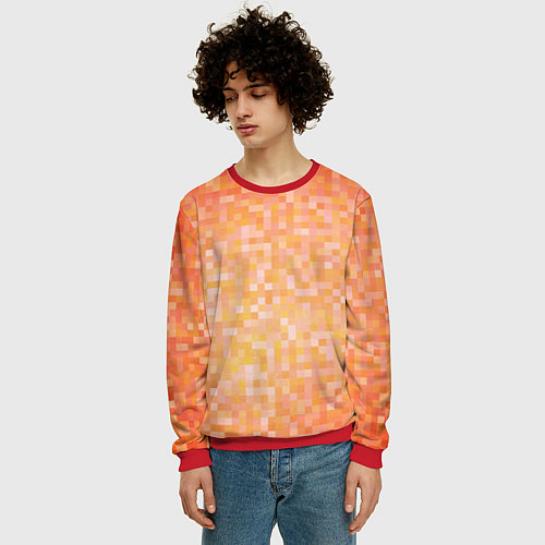 Мужской свитшот Оранжевая пиксель абстракция / 3D-Красный – фото 3