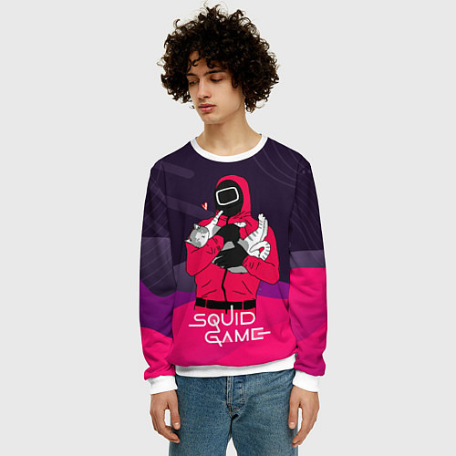 Мужской свитшот Игра в кальмара - с милым котиком / 3D-Белый – фото 3