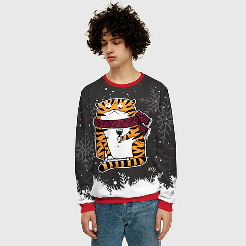Мужской свитшот Тигр с бокалом вина / 3D-Красный – фото 3