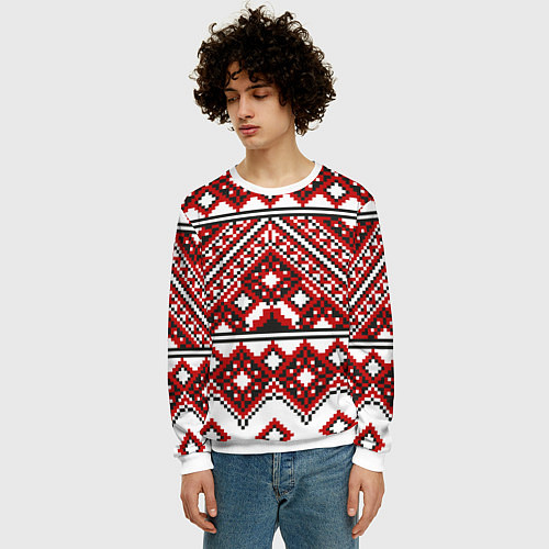 Мужской свитшот Русский узор, геометрическая вышивка / 3D-Белый – фото 3